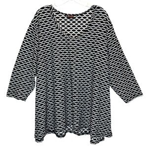Tianello Black, Gray, White Textured Tunic Top 3/4 Sleeves, Oversized  - Size 2X